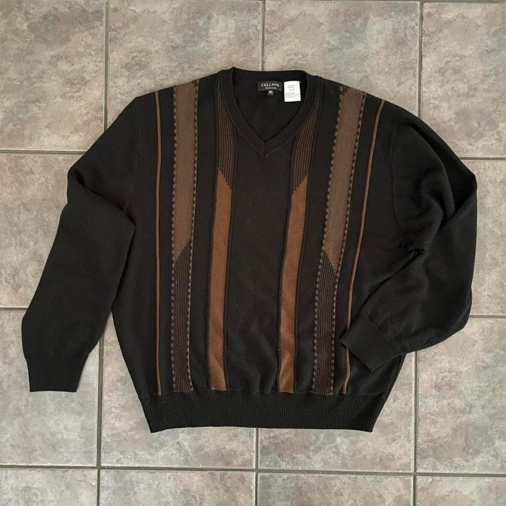 vtg mens textured brown v neck pullover vertical stripes size XL grandpacore